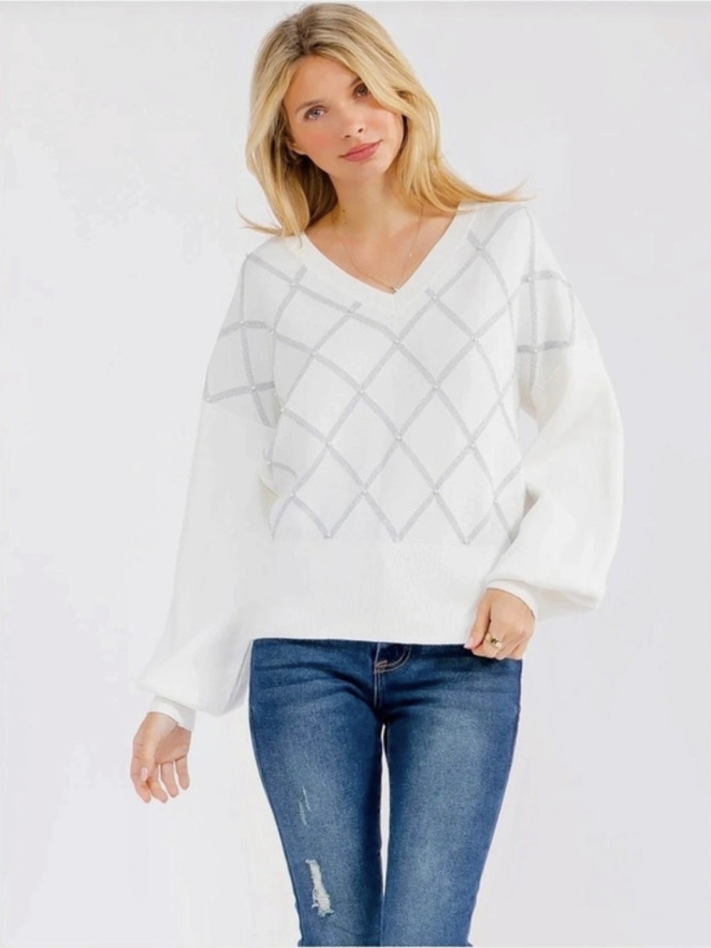 Sm By On Twelth Women's White V-Neck Or Grey W/ Pearl Detail&Silver Sweater NWTS